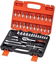 TOPWAY 1/4 Inch Socket Set 46PCs, Mechanical Tool Set 4-14mm Metric Drive with 24-Teeth Quick-Releas