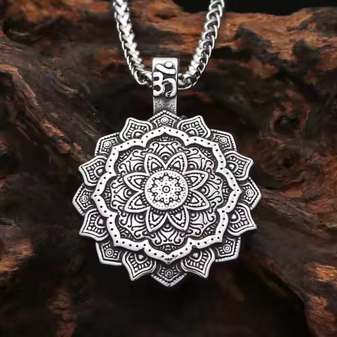 Stainless Steel Buddhism Mandala Flower Amulet Necklace For Men Women Zen Yoga Flower Necklace Chain