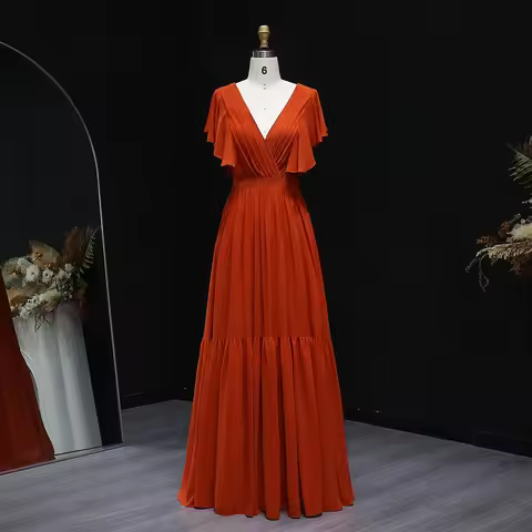 Sharon Said Elegant Red Cap Sleeves Chiffon Bridesmaid Gowns V-Neck Ruffles Corset Party Dress for W
