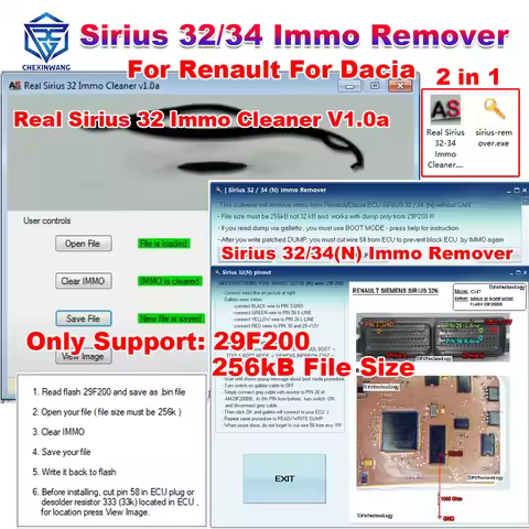 For Renault For Dacia Real Sirius 32 Immo Cleaner V1.0a Sirius 32/34(N) Immo Remover 2in1 Software S