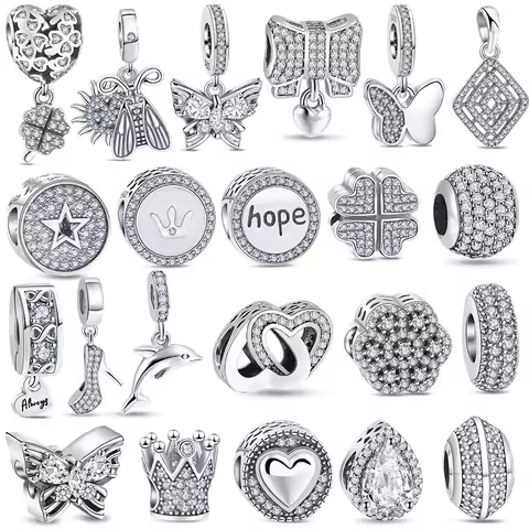 100% 925 Silver Fit Original Pendant Charms Bracelet Jewelry Clear Crown Flower Teardrop Heels Pave 