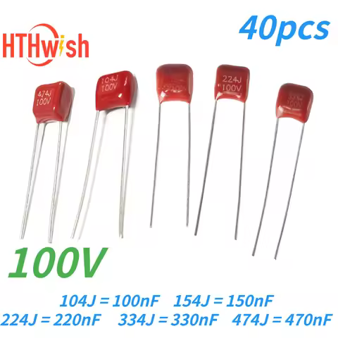 40PCS 100V CBB Capacitor 104J 100nF 154J 150nF 224J 220nF 334J 330nF 474J 470nF Polypropylene Film C