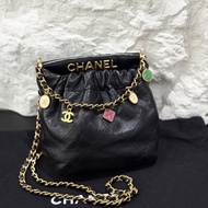 Chanel 香奈兒 23P黑金 mini福袋水桶包 寶石鏈條，彩色寶石福袋 抽繩水桶鏈條包