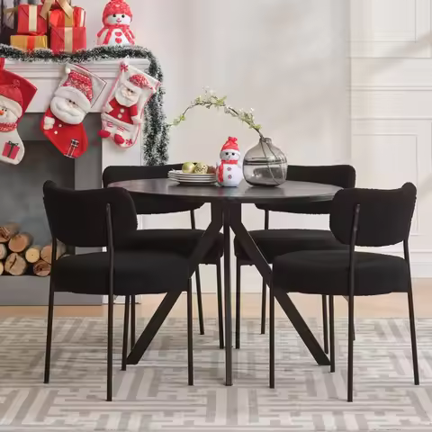 Mid Century Modern 4-Piece Upholstered Dining Chair Set with Curved Backrest and Black Metal Legs