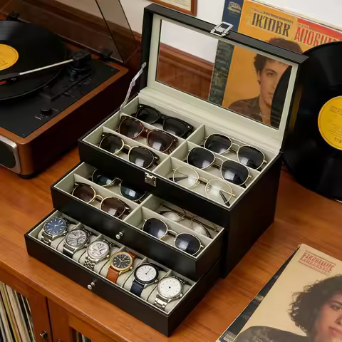 Watches and Glasses Display Box Watch and Glasses Storage Case with Large Glass Lid Watch Box 24 Slo