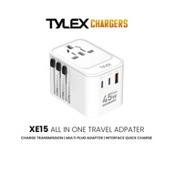 TYLEX XE15 Universal Power Adapter International All in One Worldwide Plug Fast Charger 45W Charge P