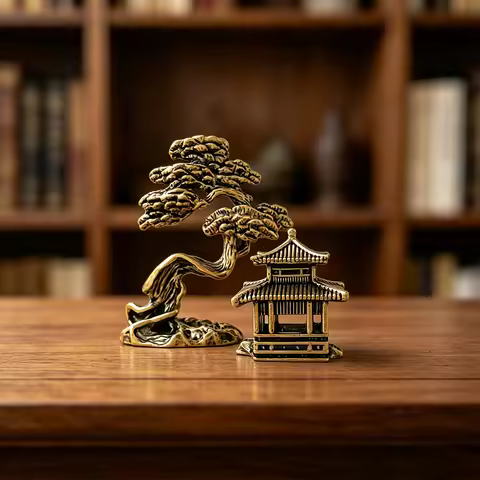 2 pieces of exquisite pure brass welcoming pine and pavilion ornaments, retro aged desktop Zen colle