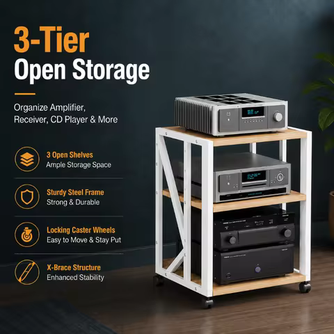 2-3 Tier Audio Rack Steel Frame Media Bracket 18mm Thick E1 Panels Amplifiers Stand with Wheels For 