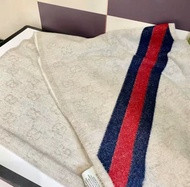 GUCCI古馳 雙G 流蘇 斜條紋 羊毛 絨線圍巾 男女同款情侶款 奶油色