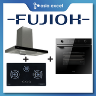 FUJIOH FR-MT1990R 90CM STAINLESS STEEL CHIMNEY HOOD WITH TOUCH CONTROL + FUJIOH FH-GS5530 SVGL (LPG) / FH-GS6530 SVGL (PUB) 3 BURNER GLASS GAS HOB +  FUJIOH FV-EL61 70L BUILT-IN OVEN