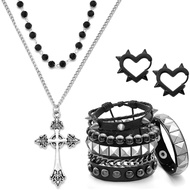 6 Pcs Punk Studded Bracelets Grunge Gothic Necklace Earrings Jewelry Set 80s Alt PU Emo Bracelets Go
