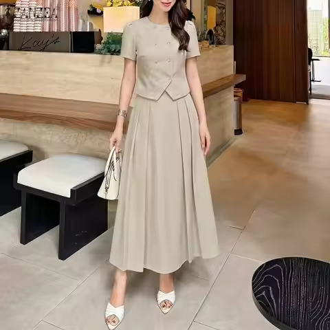 Elegant Women OL Work Dress Sets 2026 ZANZEA Summer Office Outfits O Neck Short Sleeve Blouse Sundre