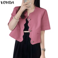 VONDA Women Korean Daily Commute Short Sleeve Opening Placket Buttons Blazer