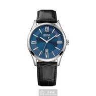 BOSS手錶 HB1513553 42mm 銀圓形精鋼錶殼，寶藍色簡約， 時分秒中三針顯示錶面，深黑色真皮皮革錶帶款 _廠商直送