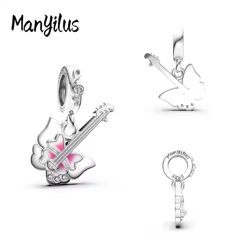 Manyilus 925 Sterling Silver Flower Guitar Dangle Charm Crystal Pendant Fit Bracelet Women Music The