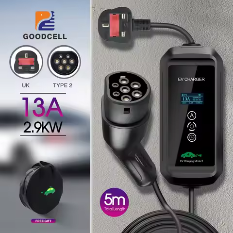 GOODCELL Type1 Type2 UK 2.9KW Portable EV Charger 6/8/10/13A Adjustable EVSE Home EV Charging IP66