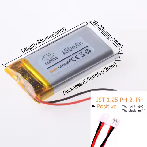 JST1.25 2p/2.0 2P 3.7V 552035 450mAh Rechargeable Li-ion Polymer Lithium Battery Lipo Batteries