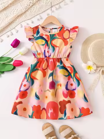 Girls' Fashionable and Simple Summer Dress, Toddler Girl's Floral and Leaf Pattern Back Zipper Fly-S