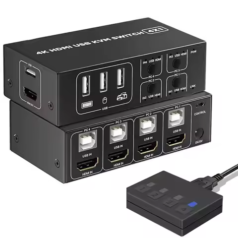 4K 60Hz 4X1 Switcher 4 Port USB HDMI KVM Switch Video Converter with Desktop Controller for 4 PC Sha