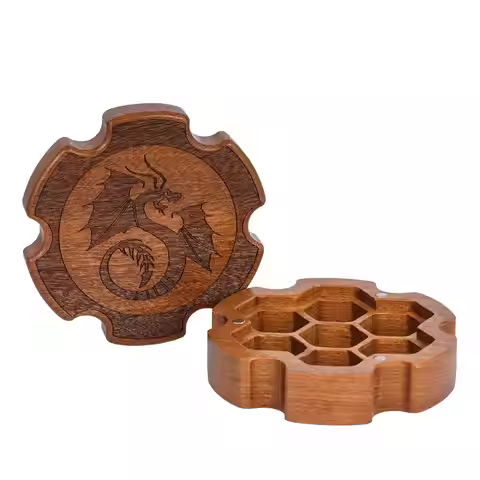 Flying Dragon Dice Case Hexagonal Wooden Storage Box for 1 Set of 16mm Dice D4-D20 D&D Dice Holder F