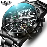 LIGE Mens Watches Top Brand Stainless Steel Hollow Sports Waterproof Quartz Watch Men Military Wristwatch Relogio Mascul