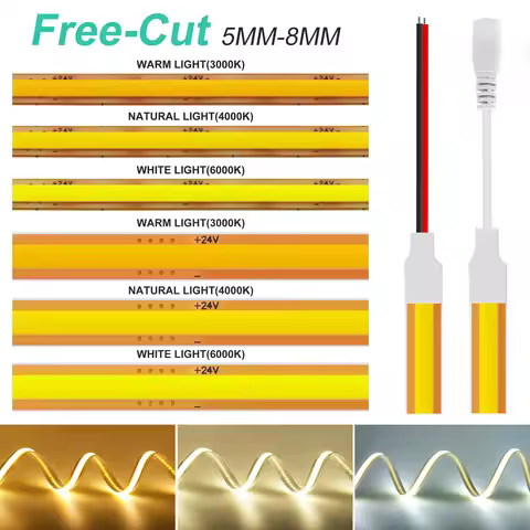 5mm 8mm PCB COB LED Light Strip Free Cut 12V 24V With 2PIN Wire DC Plug 400LEDs/m 3000k 4000k 6000k 