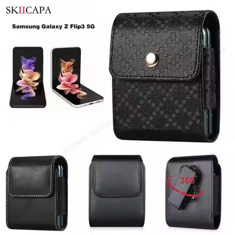 Leather Phone Case Waist Bag For Samsung Z Flip 3 5G Belt Clip Holster Phone Pouch Cover For Galaxy 