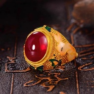 แหวนจีนสไตล์ย้อนยุคลายกระต่ายเคลือบสีทองแท้24K MRIWG 9999สำหรับชายและหญิง SGJIY