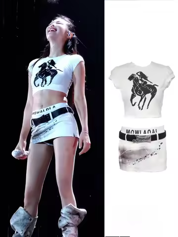 Jennie Concert White Print round Neck Short Top Half Skirt Set Women's Ethnic Clothing Stage Perform