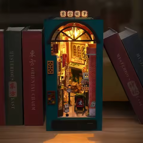 OUZEY Oriental Tales Chinese Wooden Book Nook Shelf Insert Miniature Model Kits Handmade Bookend for
