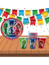 Kit de Fiesta 30 Invitados de Personaje Heroes En Pijama PJMAS Desechables  60pz Artículos Decoración Cartón Platos Vasos