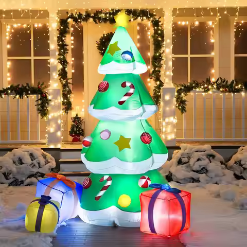Inflatable Christmas Tree Outdoor Indoor Decorations with 3 Gift Boxes Build-in LEDs Blow Up Yard Ga