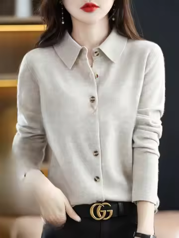 Erdos Cashmere Open Cardigan Women's Spring Autumn Loose Knitted Woolen Sweater Flip Collar Casual C