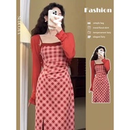 新年衣服2026 新年衣服 French Red Plaid Suit Sling Dress