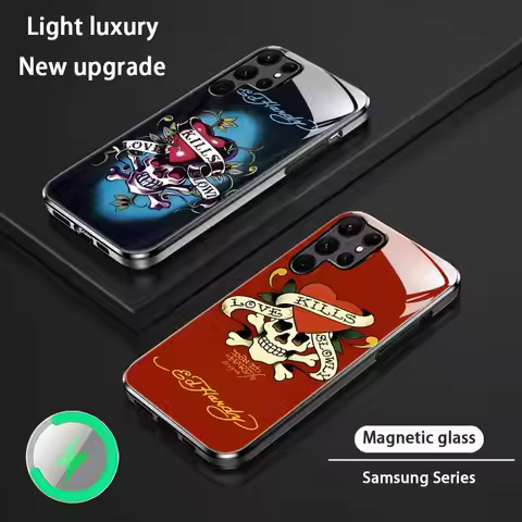 LOGO Brand ED-Hardy Phone Case For Samsung S25 S24 S23 S22 S21 S20 Plus Ultra Note20 Glass Magnetic 