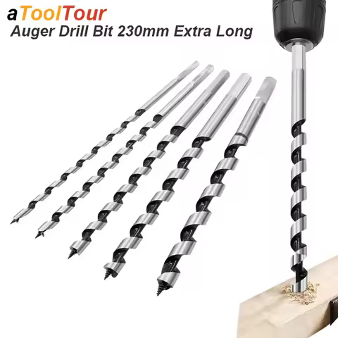 Auger Drill Bits Set Extra Long Extension Spiral Twist Brad Point For Wood Deep Hole Hard Soft Plast