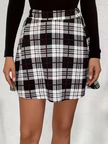 Black White Red Plaid High-Waist A-Line Mini Skirt, Slim-Fit Versatile Checkered Flared Skirt