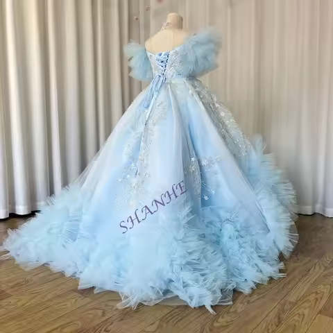 Customized Luxury Arab Sky Blue Girl Dress Beaded Dubai Kids Princess Birthday Wedding Party First C