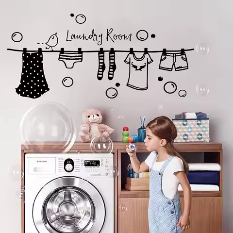 Large Laundry Drying Cloth Wall Sticker Washroom Wash Clothes Bird Bubble Wall Decal Laundry Room Vi