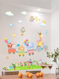 4入组/套卡通圖案現代動物和熱氣球圖案牆貼適用於家庭裝飾用品