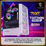Armaggeddon White Tritron PRO 100 Tempered Glass See-Through Side Panel Desktop PC Casing with Build