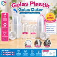 [50 PCS] Flat Plastic Cups + Glass Lids 14oz 16oz Plastic Cup Cups Plastic Cup/s BENING Plastic Cup/
