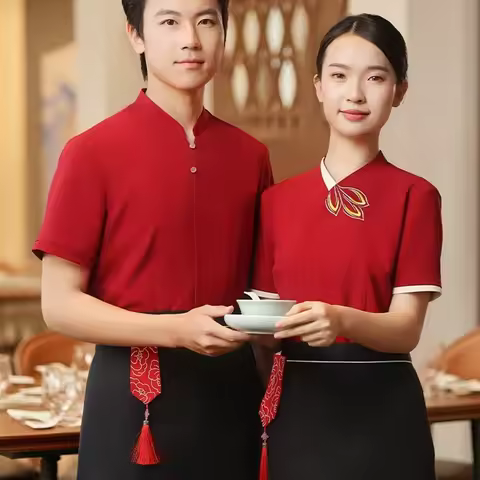 Chinese Style Women's Short Sleeve Server Uniform Customized for Front Desk Hospitality Service Spri