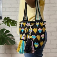 哥倫比亞製 2短揹帶 Wayuu 編織手工包 黑黃粉綠
