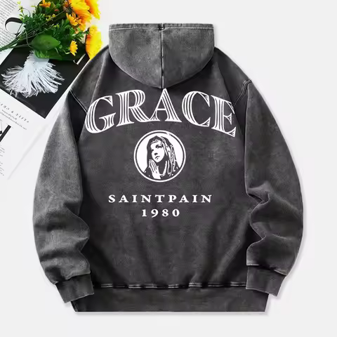 Grace Washed Hoodies Womens Saint Pain 1980 Printing Cotton Sweatshirt Distressed Oversized Pocket H