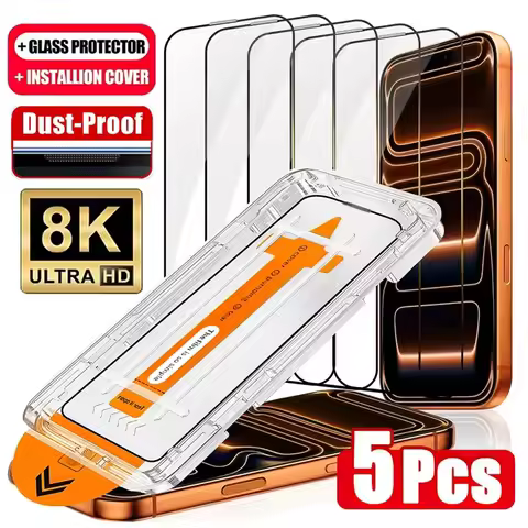 5PCS 8K HDR Dust Free Glass For iPhone 16 15 13 12 11 14 Pro Max HD Oleophobic Coating Screen Protec