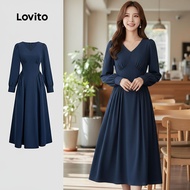 Lovito Casual Dress Pleated Relaxation Spring/summer Navy Blue Dress for Women L151AD109 Lovito Gaun