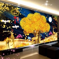 tranh thêu kín phong cảnh hươu nai tài lộc E64 (100×55) EDB64 (150X70) - TRANH CHƯA THÊU