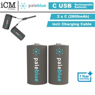 2 x Pale Blue C Size USB Rechargeable Smart Batteries 2800mAh Lithium Batteries