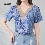 Lovito Casual Tribal Print Contrast Collar Ruffle Neck National Style Summer Spring Multicolor Blous